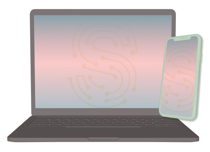 Um notebook e um celular, ambos com a logo da Solvit no papel de parede.